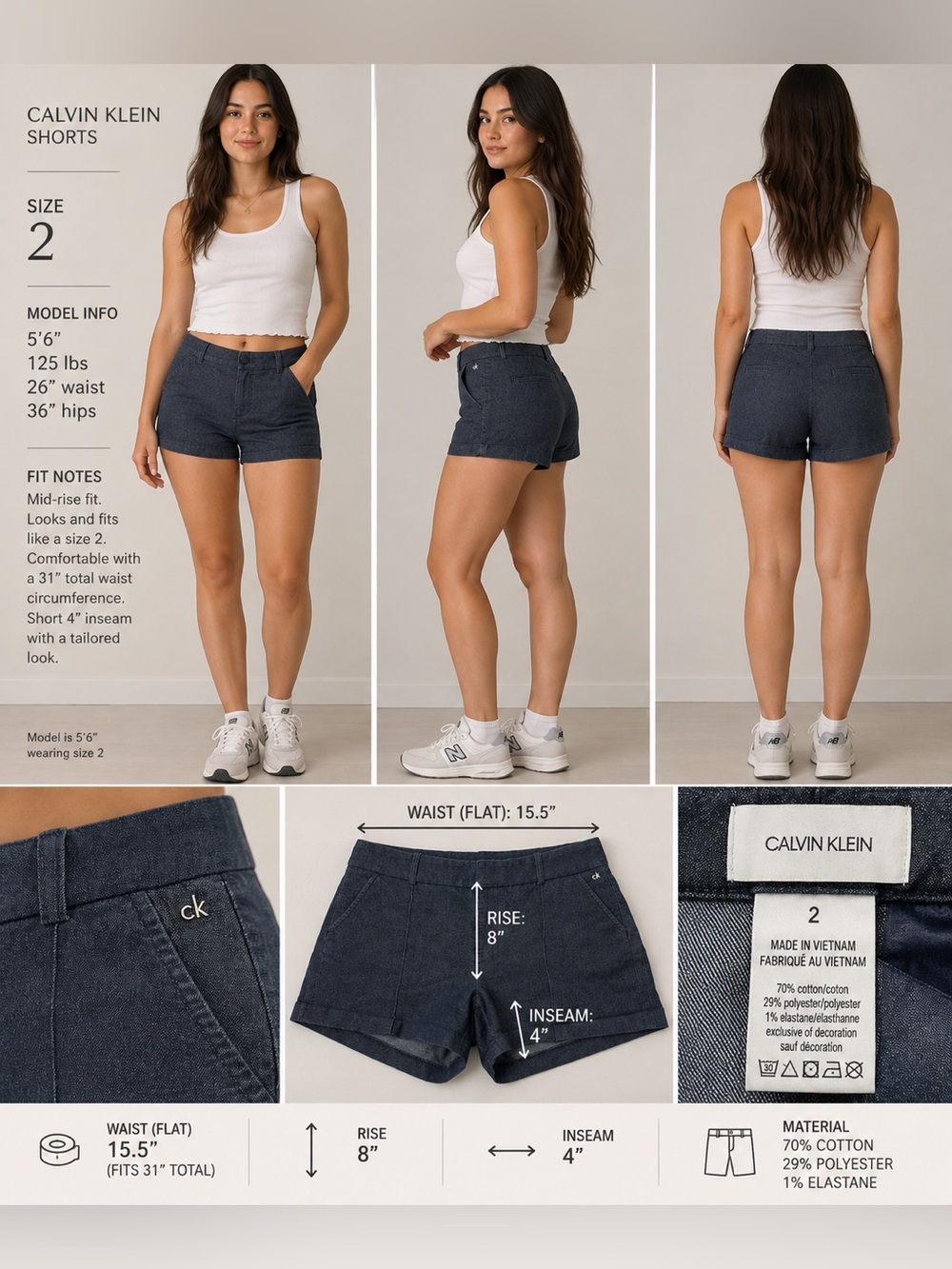 Calvin Klein Embroidered CK Tailored Trouser Denim Shorts Dark Wash Blue Size 2